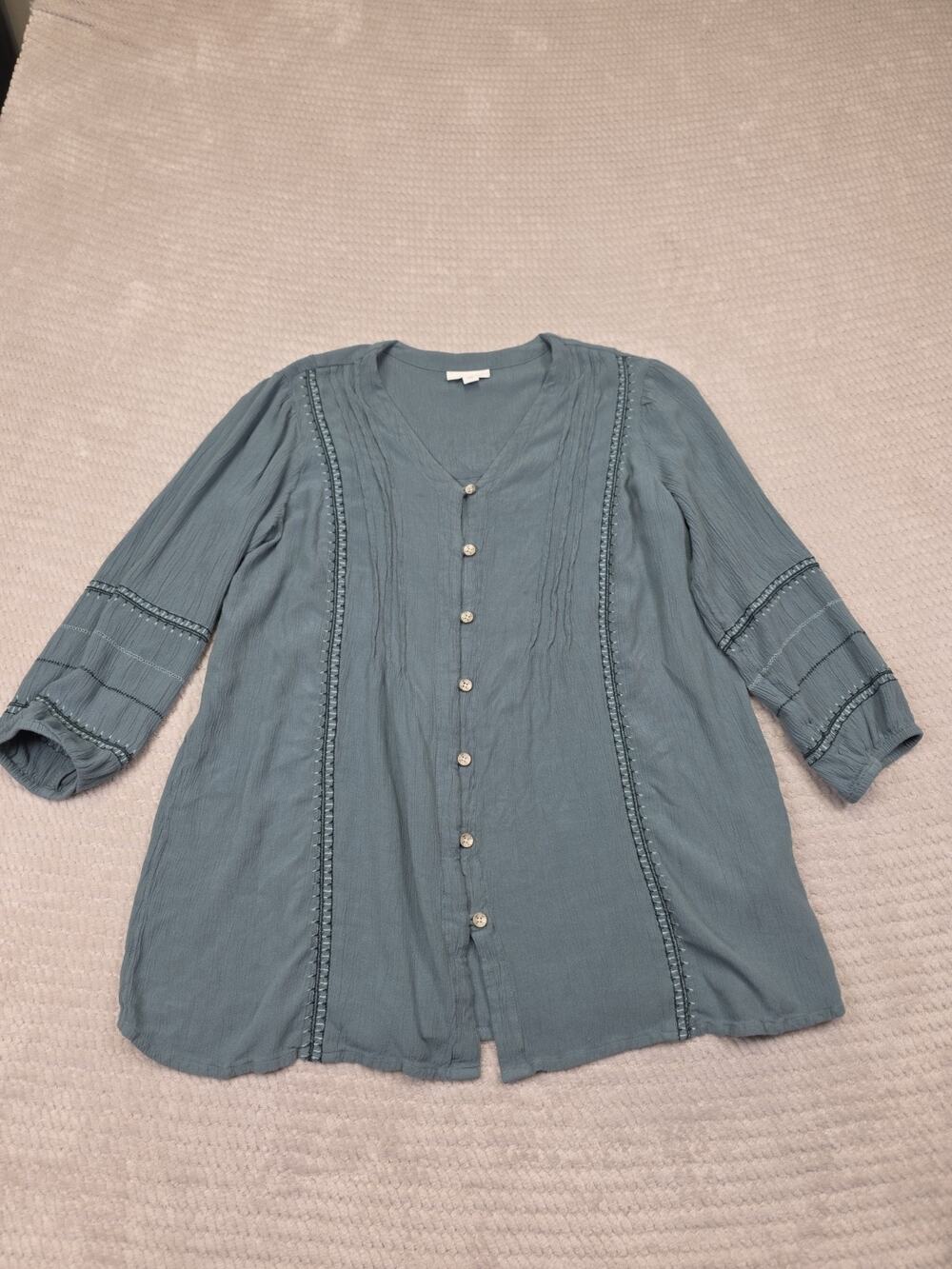 J Jill Shirt Womens Small Petite Tunic Blue Spruce Embroidered Pintuck Button